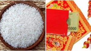 Cho túi gạo màu đỏ vào thùng gạo